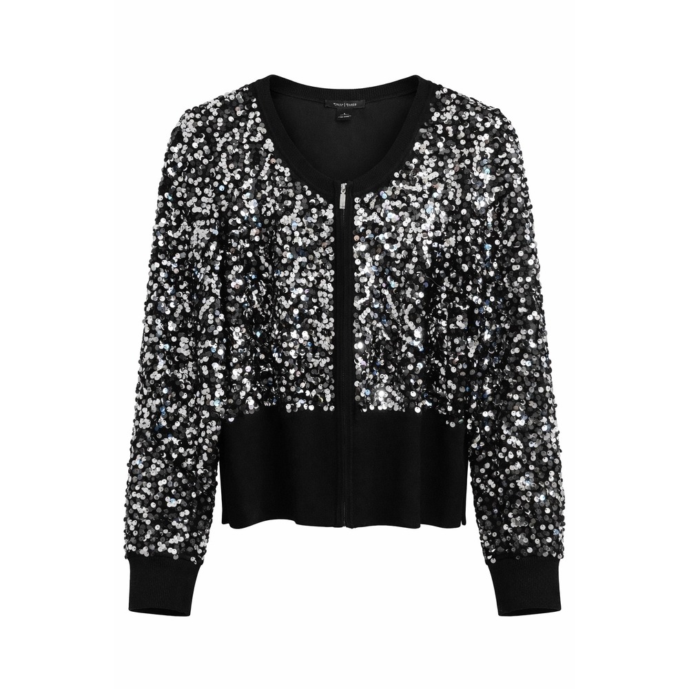 White House Black Market Sequin Zip Jacket Black Glam Party Cardigan L
